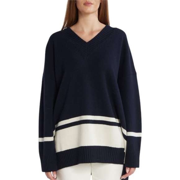MAXMARA Nuraghe Striped V-Neck Knit Wool Sweater Navy Ivory Size M NEW - Picture 10 of 12